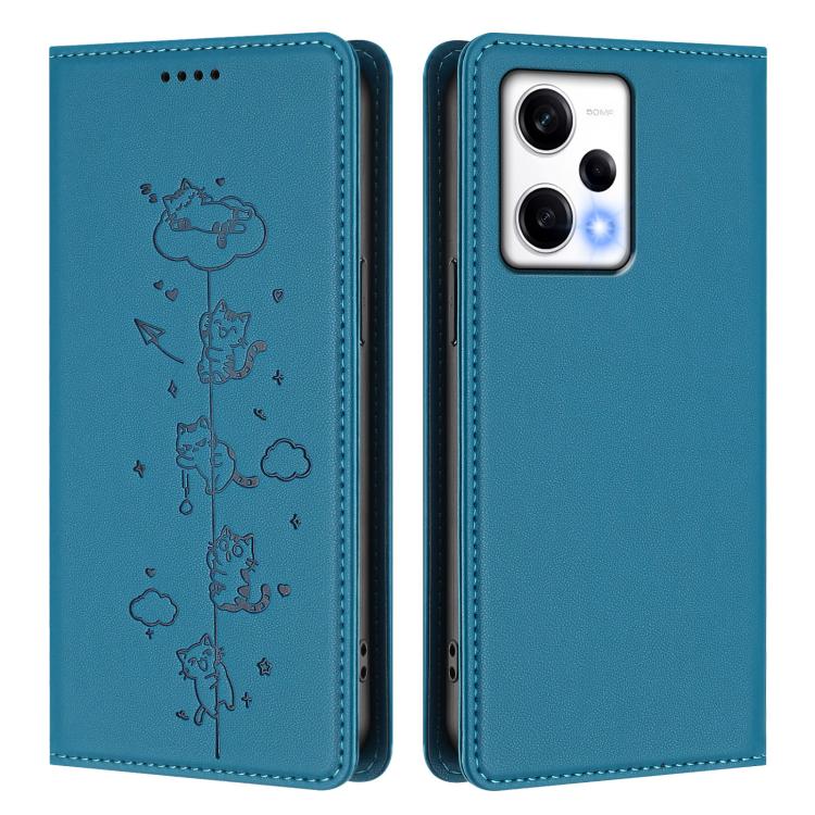 For Redmi Note 12 Pro 5G Global / Speed Cute Cats Embossed Magnetic RFID Vegan Leather Phone Case