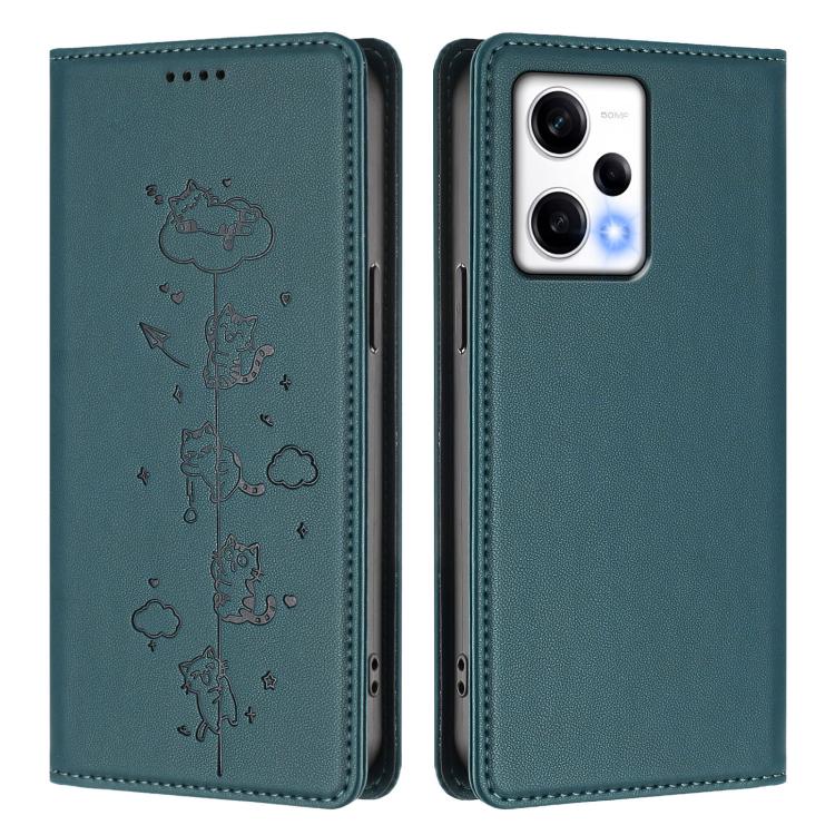 For Redmi Note 12 Pro 5G Global / Speed Cute Cats Embossed Magnetic RFID Vegan Leather Phone Case