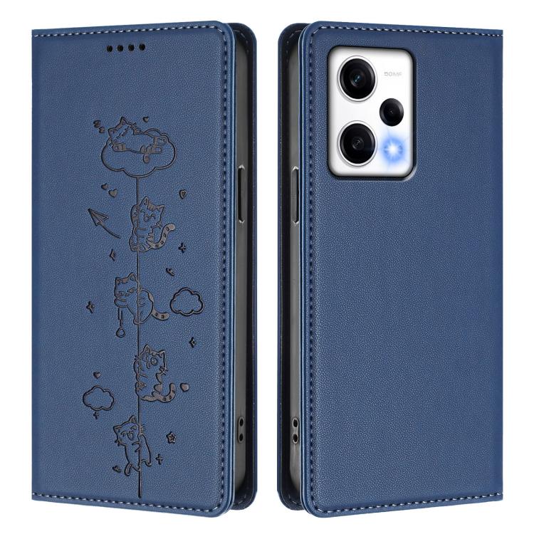For Redmi Note 12 Pro 5G Global / Speed Cute Cats Embossed Magnetic RFID Vegan Leather Phone Case