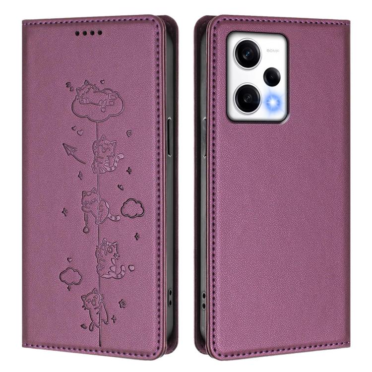 For Redmi Note 12 Pro 5G Global / Speed Cute Cats Embossed Magnetic RFID Vegan Leather Phone Case