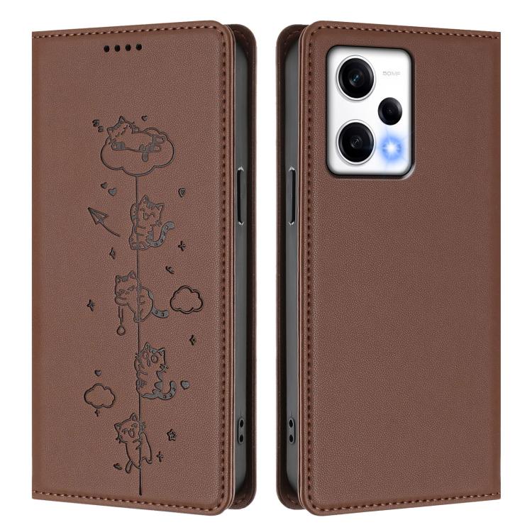 For Redmi Note 12 Pro 5G Global / Speed Cute Cats Embossed Magnetic RFID Vegan Leather Phone Case