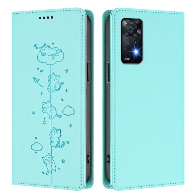 For Redmi Note 12 Pro 4G / Note 11 Pro 4G / 5G Cute Cats Embossed Magnetic RFID Vegan Leather Phone Case