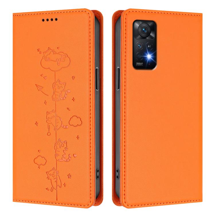 For Redmi Note 12 Pro 4G / Note 11 Pro 4G / 5G Cute Cats Embossed Magnetic RFID Vegan Leather Phone Case