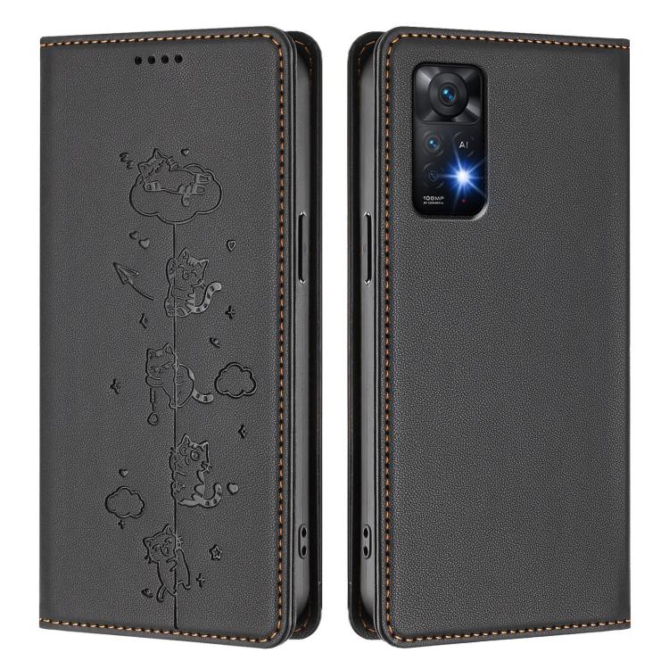For Redmi Note 12 Pro 4G / Note 11 Pro 4G / 5G Cute Cats Embossed Magnetic RFID Vegan Leather Phone Case