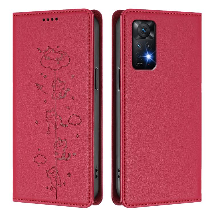 For Redmi Note 12 Pro 4G / Note 11 Pro 4G / 5G Cute Cats Embossed Magnetic RFID Vegan Leather Phone Case