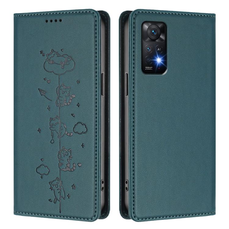 For Redmi Note 12 Pro 4G / Note 11 Pro 4G / 5G Cute Cats Embossed Magnetic RFID Vegan Leather Phone Case