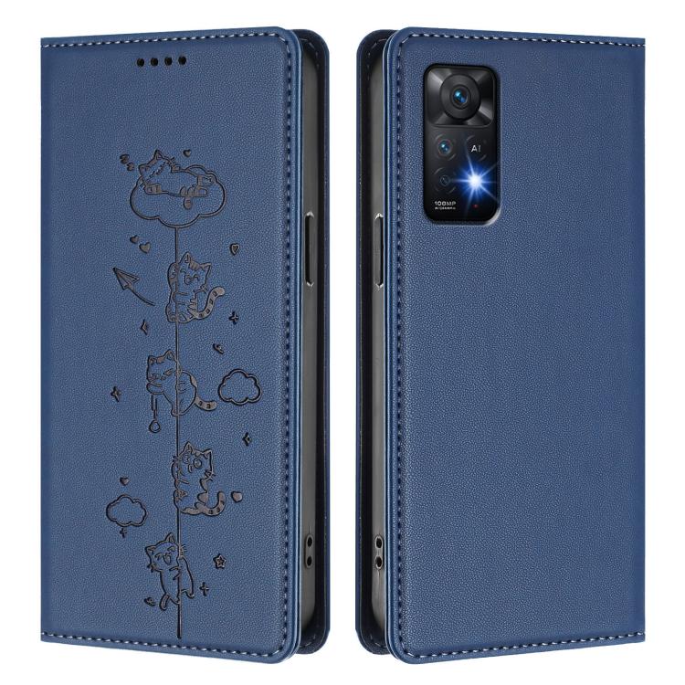 For Redmi Note 12 Pro 4G / Note 11 Pro 4G / 5G Cute Cats Embossed Magnetic RFID Vegan Leather Phone Case