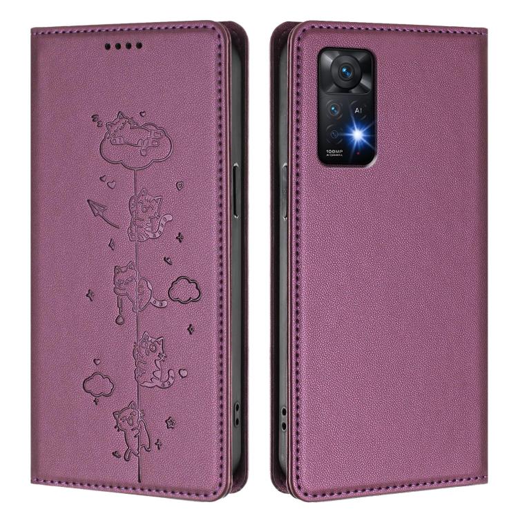 For Redmi Note 12 Pro 4G / Note 11 Pro 4G / 5G Cute Cats Embossed Magnetic RFID Vegan Leather Phone Case