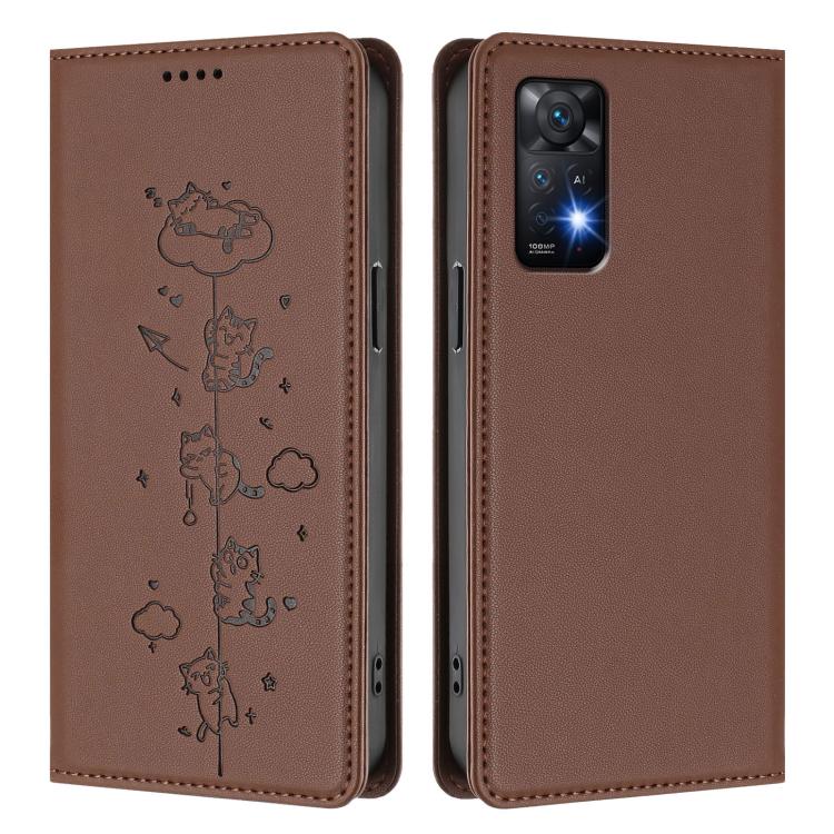 For Redmi Note 12 Pro 4G / Note 11 Pro 4G / 5G Cute Cats Embossed Magnetic RFID Vegan Leather Phone Case
