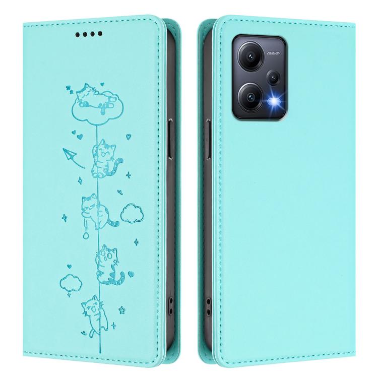 For Redmi Note 12 5G / Xiaomi Poco X5 Cute Cats Embossed Magnetic RFID Vegan Leather Phone Case
