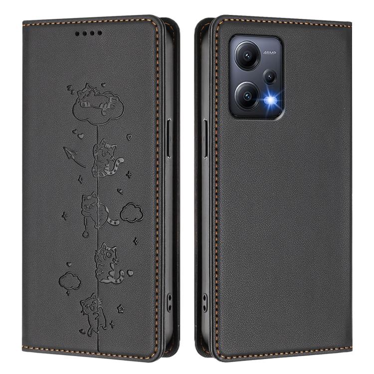 For Redmi Note 12 5G / Xiaomi Poco X5 Cute Cats Embossed Magnetic RFID Vegan Leather Phone Case
