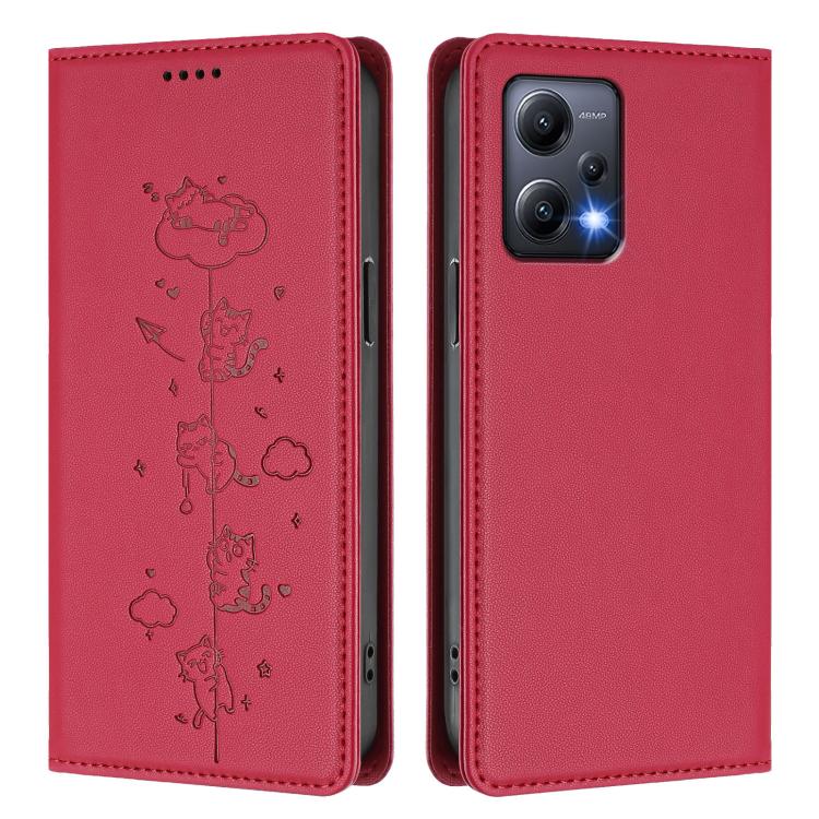 For Redmi Note 12 5G / Xiaomi Poco X5 Cute Cats Embossed Magnetic RFID Vegan Leather Phone Case