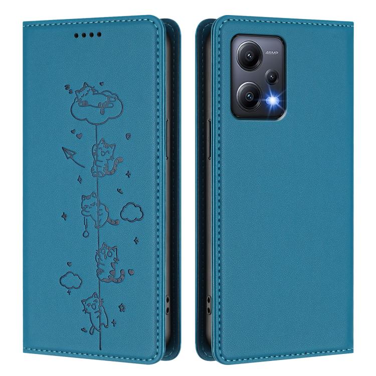For Redmi Note 12 5G / Xiaomi Poco X5 Cute Cats Embossed Magnetic RFID Vegan Leather Phone Case