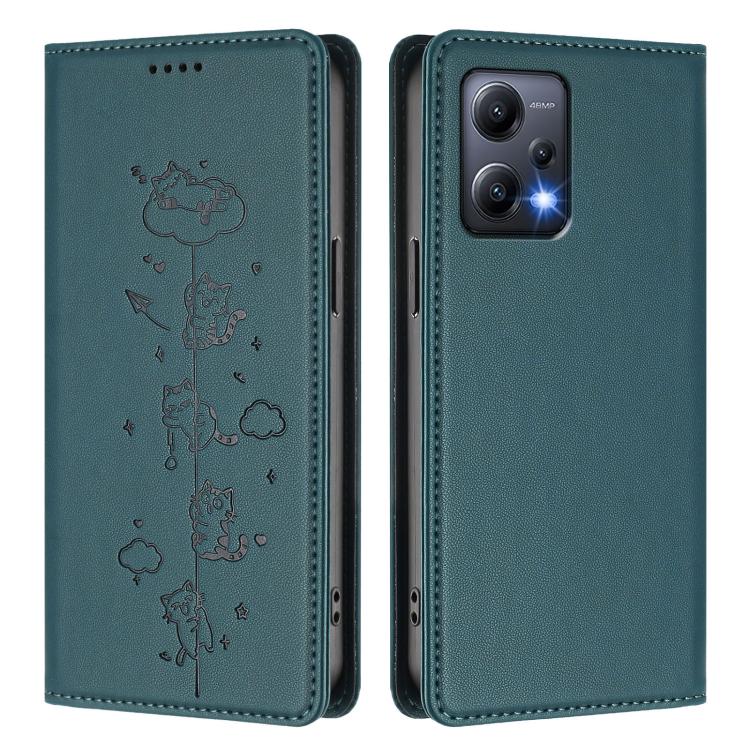 For Redmi Note 12 5G / Xiaomi Poco X5 Cute Cats Embossed Magnetic RFID Vegan Leather Phone Case