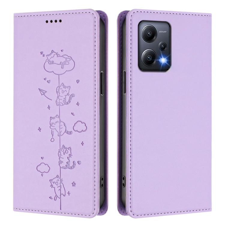 For Redmi Note 12 5G / Xiaomi Poco X5 Cute Cats Embossed Magnetic RFID Vegan Leather Phone Case