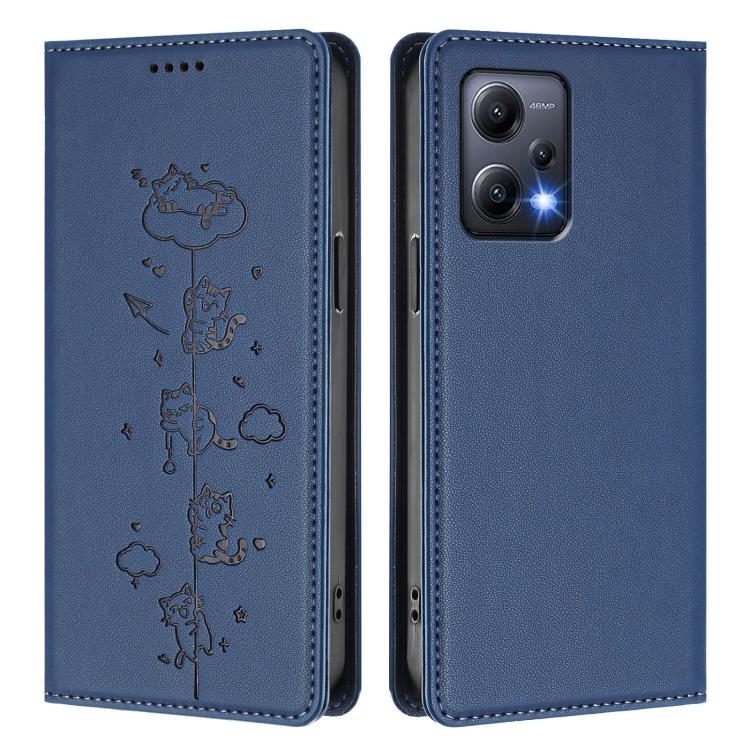 For Redmi Note 12 5G / Xiaomi Poco X5 Cute Cats Embossed Magnetic RFID Vegan Leather Phone Case