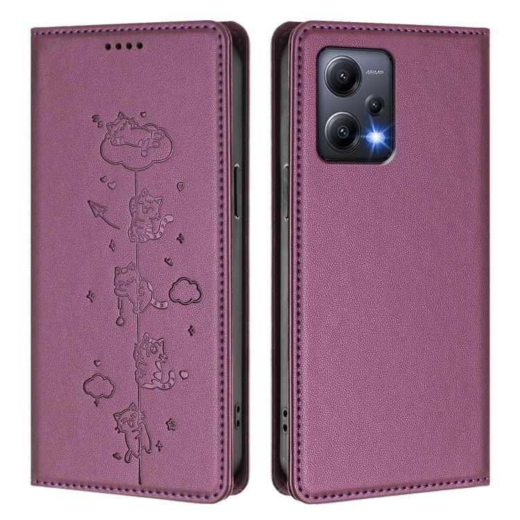 For Redmi Note 12 5G / Xiaomi Poco X5 Cute Cats Embossed Magnetic RFID Vegan Leather Phone Case