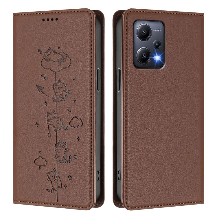 For Redmi Note 12 5G / Xiaomi Poco X5 Cute Cats Embossed Magnetic RFID Vegan Leather Phone Case