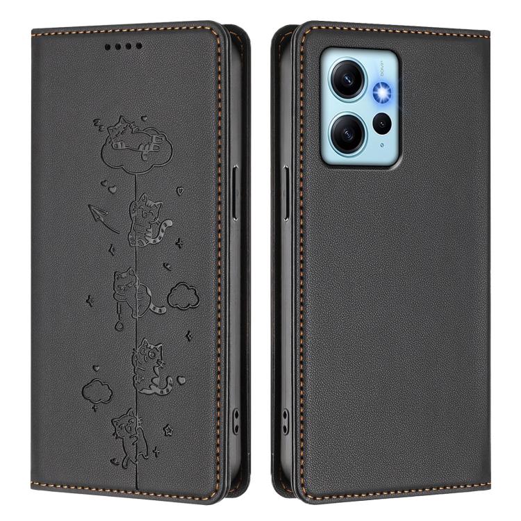 For Redmi Note 12 4G Global Cute Cats Embossed Magnetic RFID Vegan Leather Phone Case