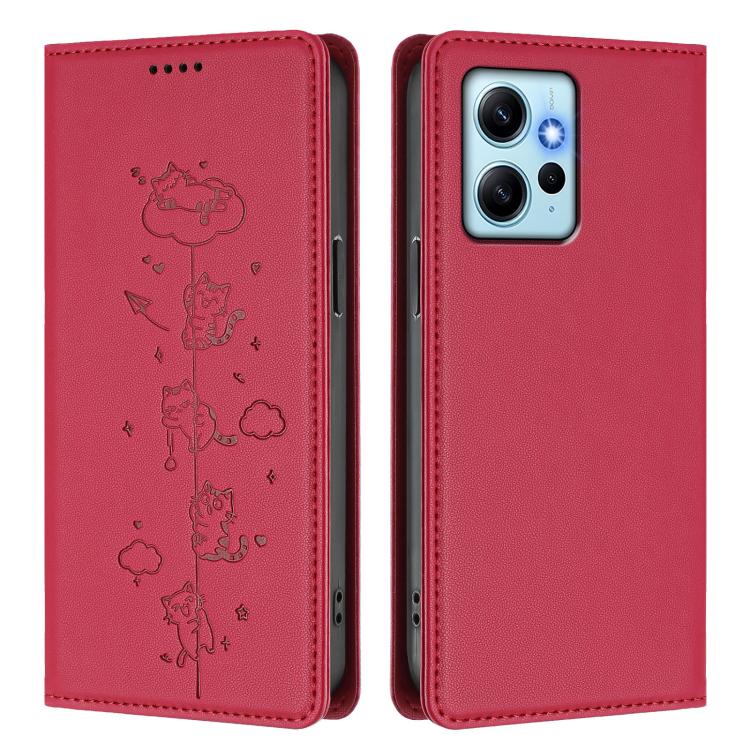 For Redmi Note 12 4G Global Cute Cats Embossed Magnetic RFID Vegan Leather Phone Case