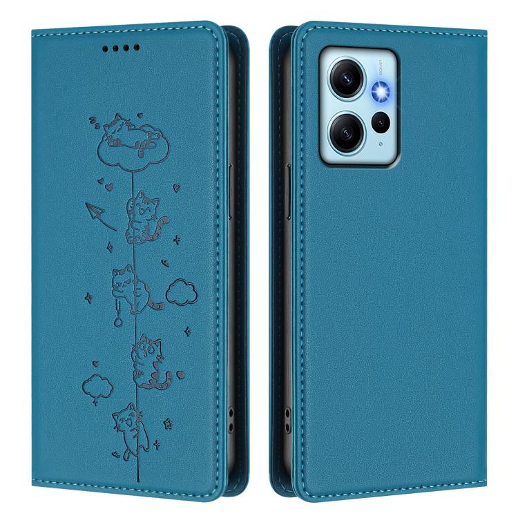 For Redmi Note 12 4G Global Cute Cats Embossed Magnetic RFID Vegan Leather Phone Case