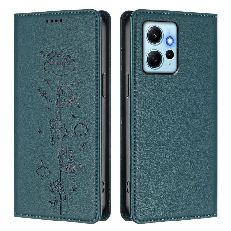 For Redmi Note 12 4G Global Cute Cats Embossed Magnetic RFID Vegan Leather Phone Case