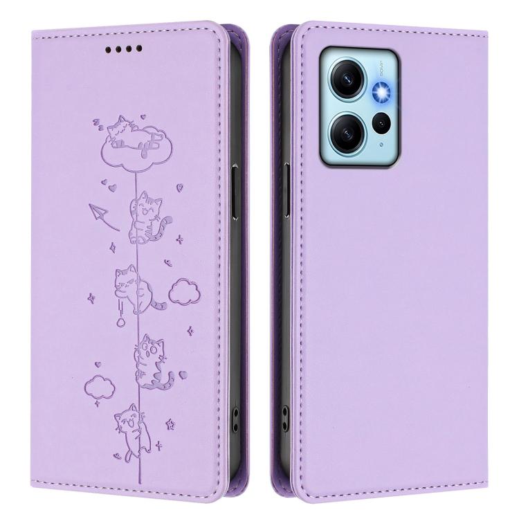 For Redmi Note 12 4G Global Cute Cats Embossed Magnetic RFID Vegan Leather Phone Case