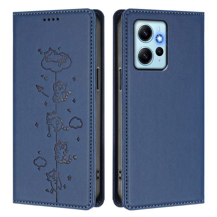 For Redmi Note 12 4G Global Cute Cats Embossed Magnetic RFID Vegan Leather Phone Case