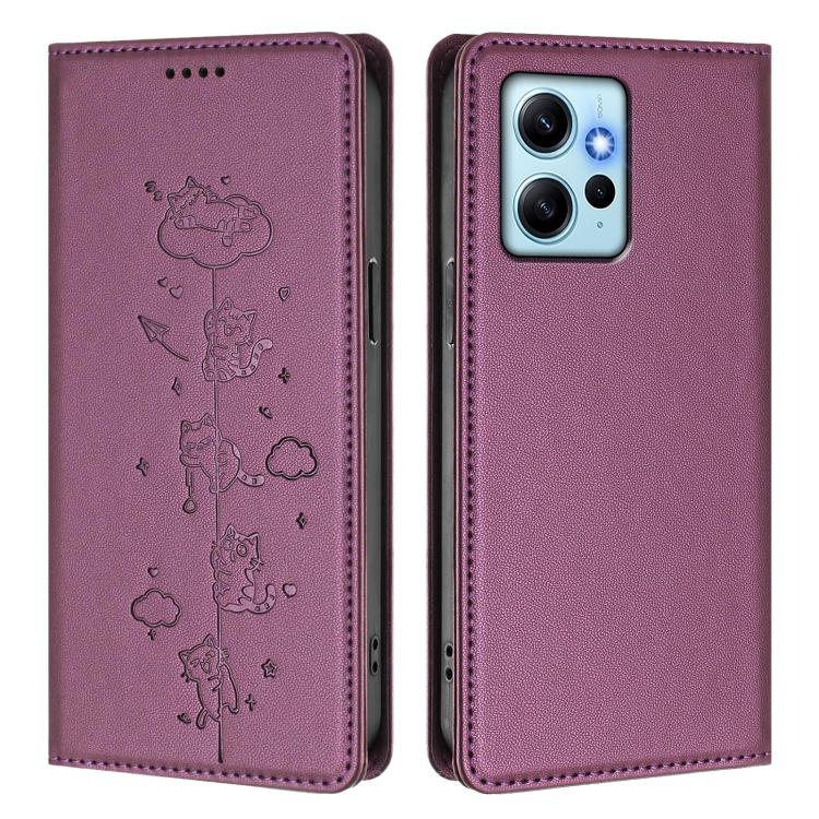 For Redmi Note 12 4G Global Cute Cats Embossed Magnetic RFID Vegan Leather Phone Case