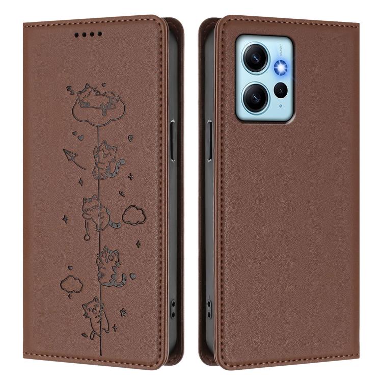 For Redmi Note 12 4G Global Cute Cats Embossed Magnetic RFID Vegan Leather Phone Case
