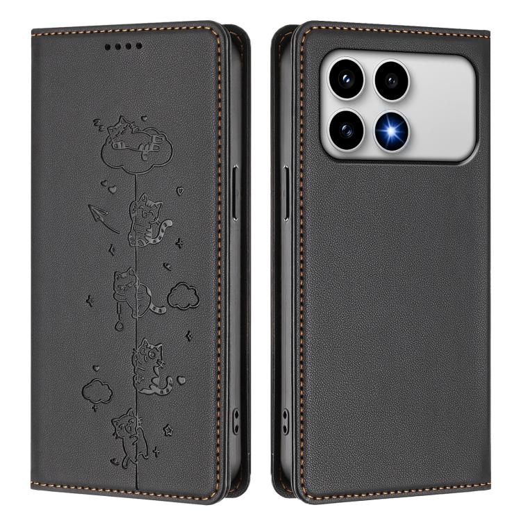 For Redmi K90 / Xiaomi Poco F8 Pro 5G Cute Cats Embossed Magnetic RFID Vegan Leather Phone Case