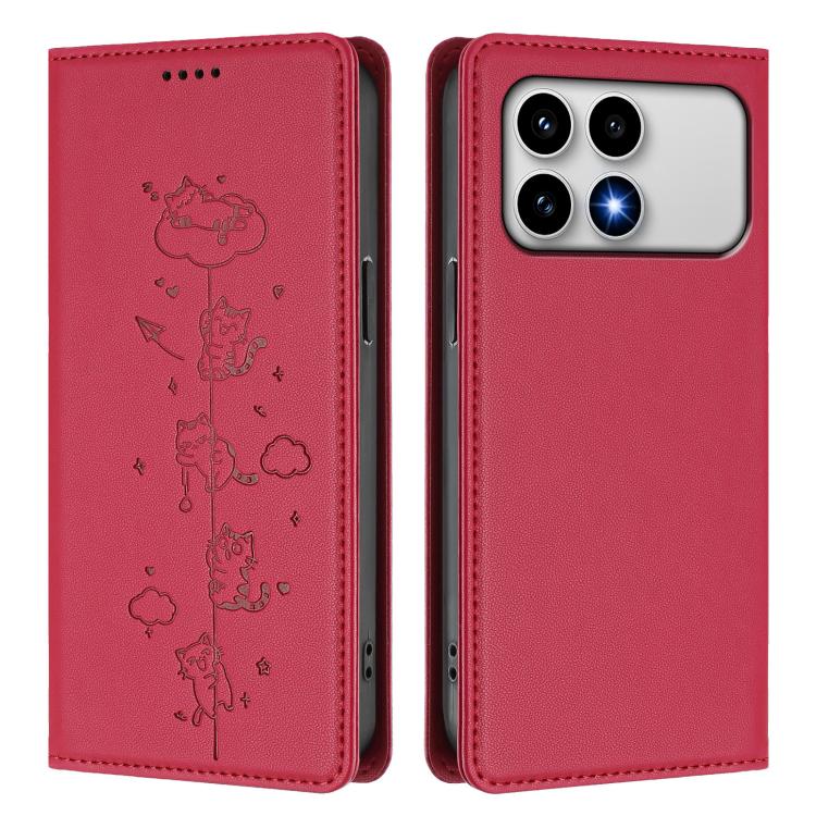 For Redmi K90 / Xiaomi Poco F8 Pro 5G Cute Cats Embossed Magnetic RFID Vegan Leather Phone Case