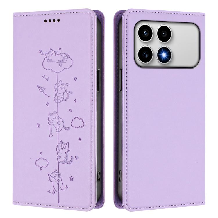 For Redmi K90 / Xiaomi Poco F8 Pro 5G Cute Cats Embossed Magnetic RFID Vegan Leather Phone Case