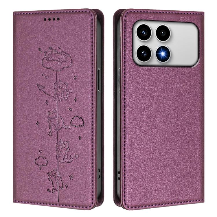 For Redmi K90 / Xiaomi Poco F8 Pro 5G Cute Cats Embossed Magnetic RFID Vegan Leather Phone Case