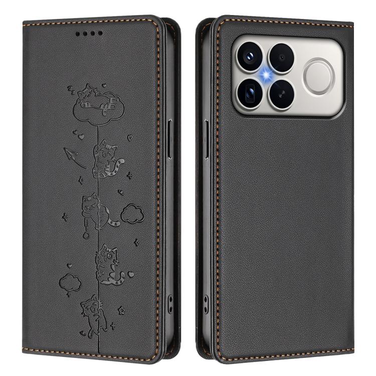 For Redmi K90 Pro Max / Xiaomi Poco F8 Ultra 5G Cute Cats Embossed Magnetic RFID Vegan Leather Phone Case