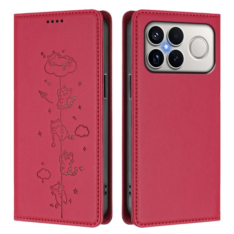 For Redmi K90 Pro Max / Xiaomi Poco F8 Ultra 5G Cute Cats Embossed Magnetic RFID Vegan Leather Phone Case