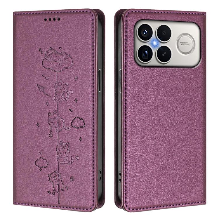 For Redmi K90 Pro Max / Xiaomi Poco F8 Ultra 5G Cute Cats Embossed Magnetic RFID Vegan Leather Phone Case