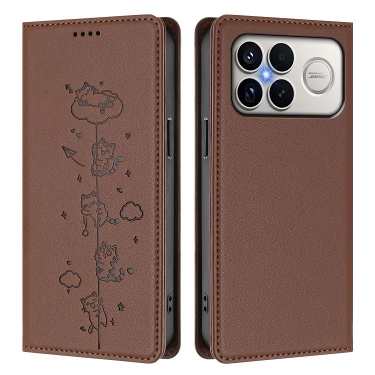 For Redmi K90 Pro Max / Xiaomi Poco F8 Ultra 5G Cute Cats Embossed Magnetic RFID Vegan Leather Phone Case