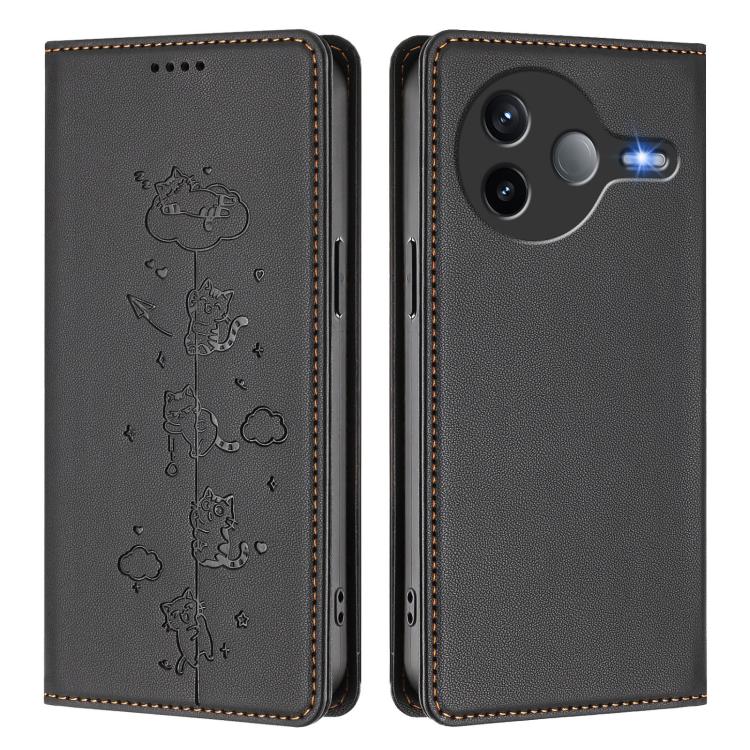 For Redmi K80 / Xiaomi Poco F7 Pro Cute Cats Embossed Magnetic RFID Vegan Leather Phone Case