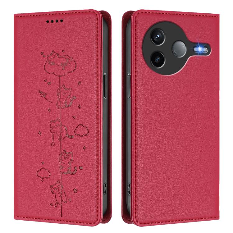 For Redmi K80 / Xiaomi Poco F7 Pro Cute Cats Embossed Magnetic RFID Vegan Leather Phone Case