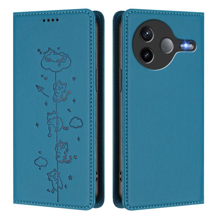 For Redmi K80 / Xiaomi Poco F7 Pro Cute Cats Embossed Magnetic RFID Vegan Leather Phone Case