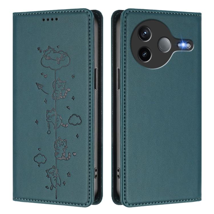 For Redmi K80 / Xiaomi Poco F7 Pro Cute Cats Embossed Magnetic RFID Vegan Leather Phone Case