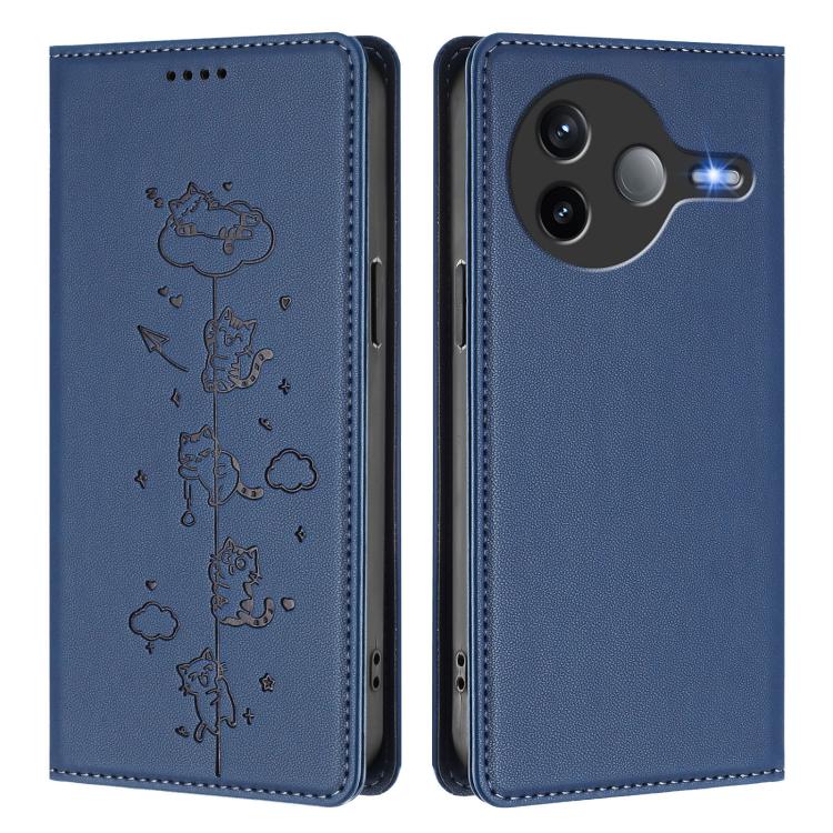 For Redmi K80 / Xiaomi Poco F7 Pro Cute Cats Embossed Magnetic RFID Vegan Leather Phone Case