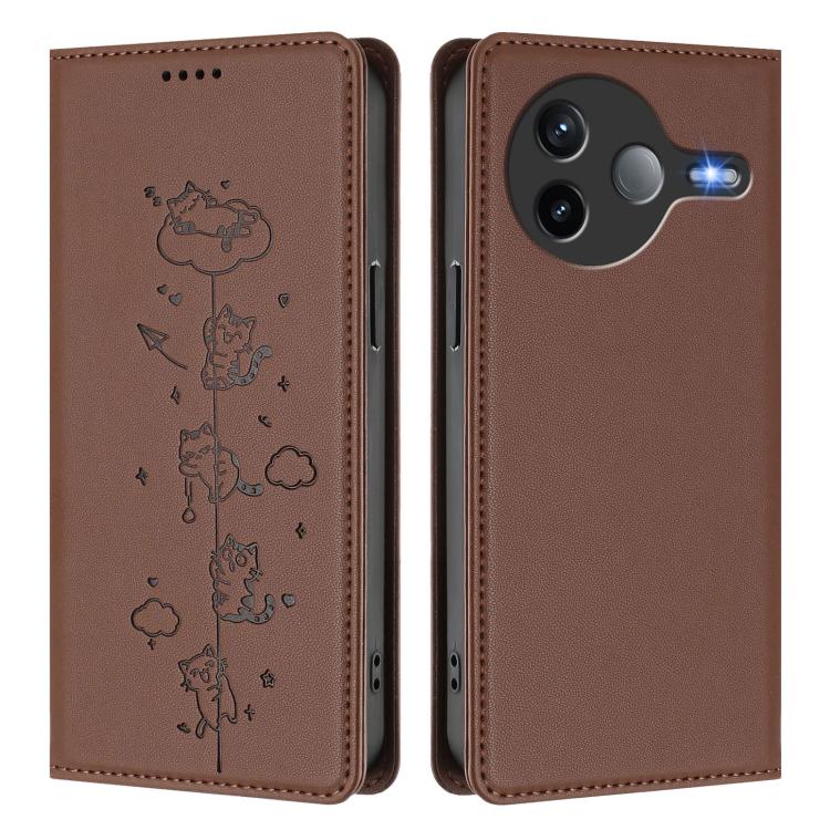 For Redmi K80 / Xiaomi Poco F7 Pro Cute Cats Embossed Magnetic RFID Vegan Leather Phone Case