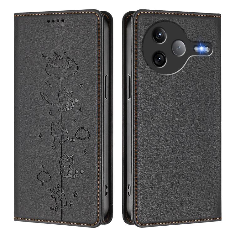 For Redmi K80 Pro / Xiaomi Poco F7 Ultra Cute Cats Embossed Magnetic RFID Vegan Leather Phone Case