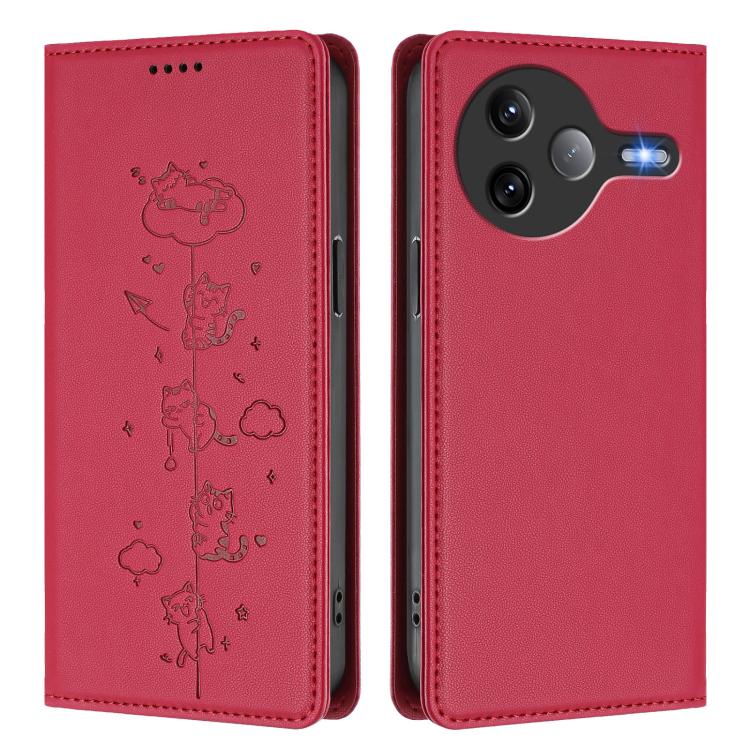 For Redmi K80 Pro / Xiaomi Poco F7 Ultra Cute Cats Embossed Magnetic RFID Vegan Leather Phone Case