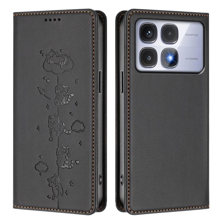 For Redmi K70 Ultra Cute Cats Embossed Magnetic RFID Vegan Leather Phone Case