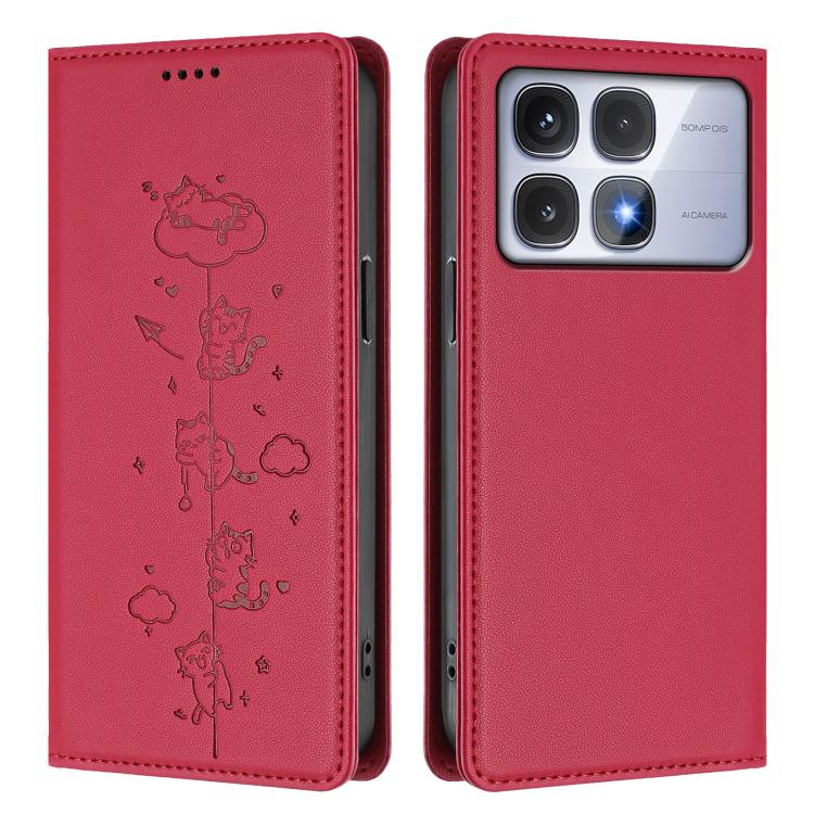 For Redmi K70 Ultra Cute Cats Embossed Magnetic RFID Vegan Leather Phone Case