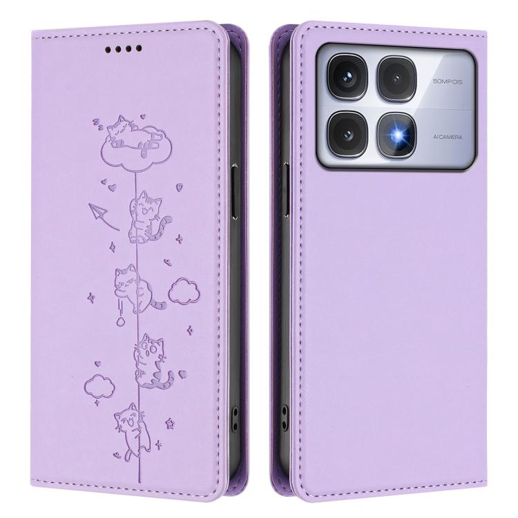 For Redmi K70 Ultra Cute Cats Embossed Magnetic RFID Vegan Leather Phone Case