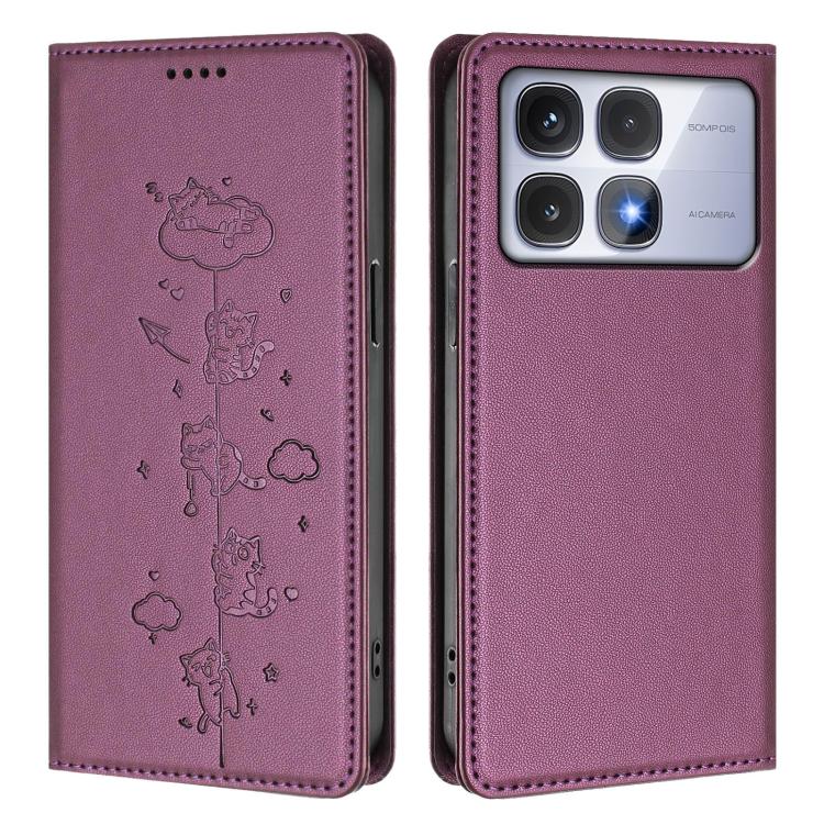 For Redmi K70 Ultra Cute Cats Embossed Magnetic RFID Vegan Leather Phone Case